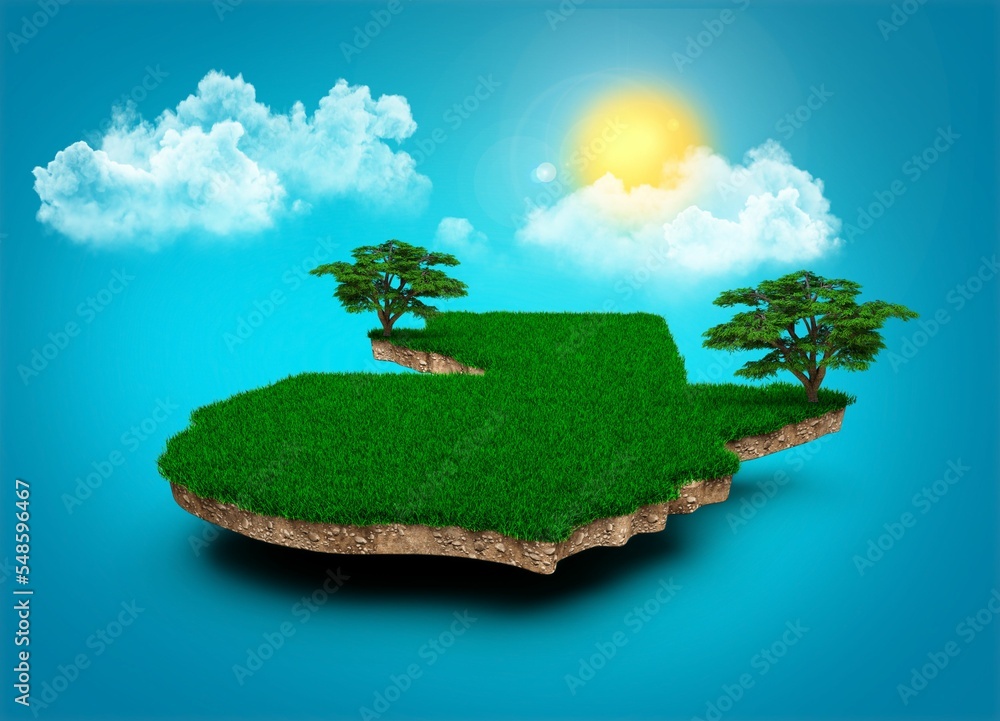 Poster 3d rendering of guatemala map with clouds tree sun rays on bright blue sky.