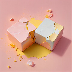 A stone broken into pieces on a pastel pink background. Beauty and fashion blog background. Flat lay.