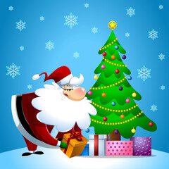 Santa Claus Cartoon Character Putting Gifts Under Christmas Tree. Vector Flat Design Illustration With Winter Background