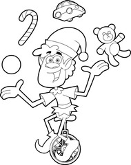 Outlined Santa's Little Elf Helper Cartoon Character Juggling With Toys And Riding One Wheel Bike. Vector Hand Drawn Illustration Isolated On Transparent Background