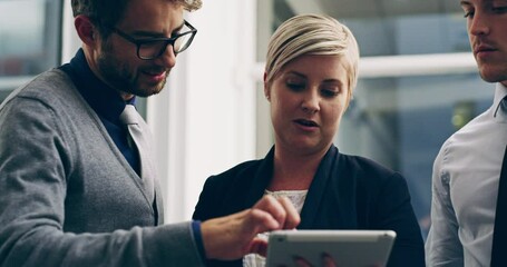 Teamwork, meeting or business people working with tablet for planning, research or communication for company mission. Business meeting or employee with strategy on tech, reading email or networking