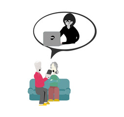 Scammer cartoon character.Online crime concept . Swindler and a thief are working at the computer.flat illustration elder siting on sofa use mobile. Voice Phishing.fake call center.