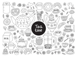 Vector tea ceremony hand drawn set. Tea collection vector doodle set. Teapot, cup, flowers, desserts, jam and croissant isolated