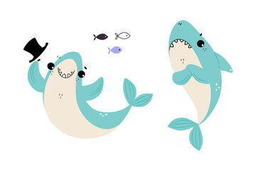 Comic Blue Shark with Fins as Marine Animal Smiling and Feeling Grumpy Vector Set