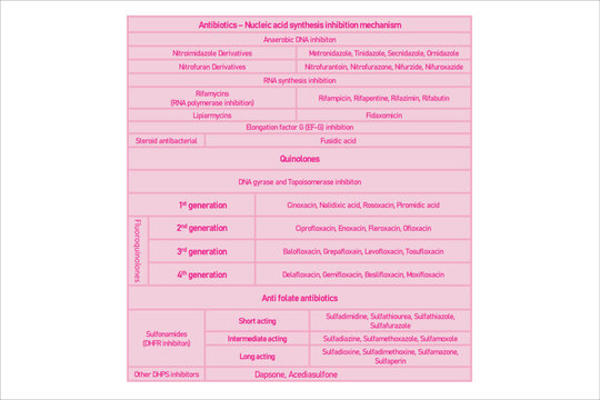 Table showing classification of Nucleic acid synthesis inhibition with examples. Pink background and text.