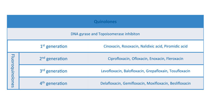 Table showing classification of Quinolone antibiotic with examples. Blue background and text.