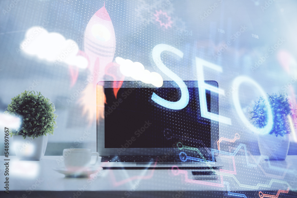 Poster Double exposure of table with computer and seo drawing hologram. Search optimization concept.
