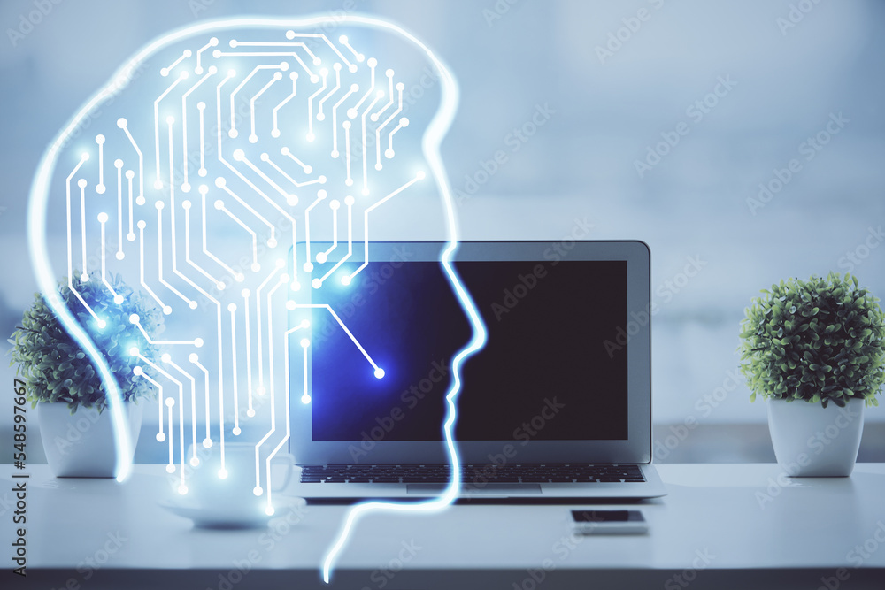 Poster double exposure of desktop with computer and brain drawing hologram. artificial intelligence concept