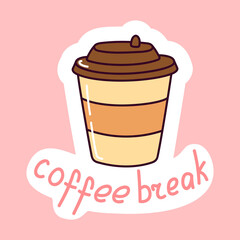 Coffee break sticker. Cute hot drink mug. Doodle with text. Sticker with white contour for planner, scrapbooking. Hand drawn vector illustration.