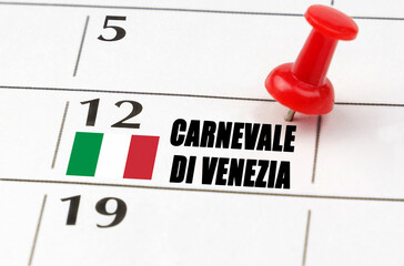 On the calendar grid, the date and name of the holiday - Venice Carnival
