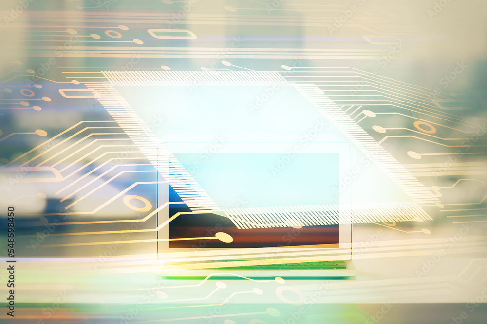 Poster Double exposure of table with computer on background and data theme drawing. Concept of innovation.