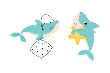 Comic Blue Shark with Fins as Marine Animal with Pillow and Starfish Vector Set
