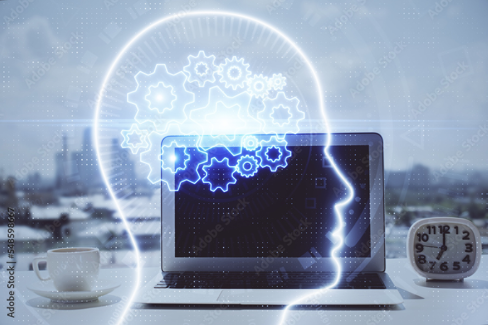 Poster double exposure of desktop with computer and brain drawing hologram. artificial intelligence concept