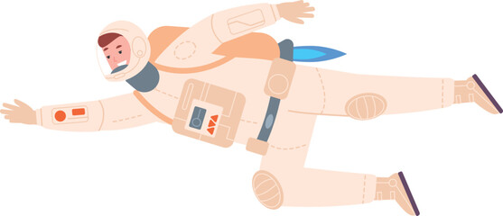 Astronaut flying with jetpack. Space explorer character