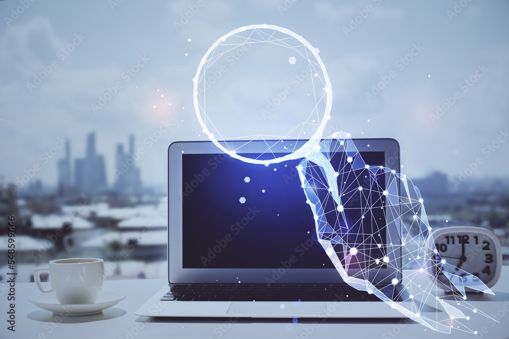 Poster desktop computer background in office and start up theme hologram drawing. double exposure. startup 