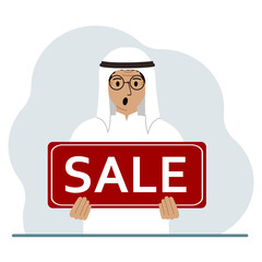 A man holds a large sign with the text SALE in his hands.