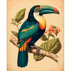 vintage tucan or toucan bird illustration for canvas print. isolated background. 