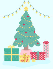 Christmas template illustration with Christmas tree, present gifts and garland. Background on new year