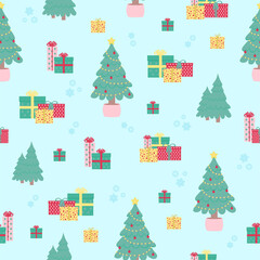 Christmas background pattern template illustration. Christmas tree, present gifts and snow pattern seamless on new year