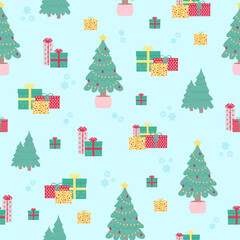 Christmas background pattern template illustration. Christmas tree, present gifts and snow pattern seamless on new year