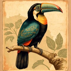 vintage tucan or toucan bird illustration for canvas print. isolated background. 