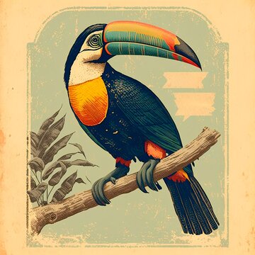 vintage tucan or toucan bird illustration for canvas print. isolated background. 