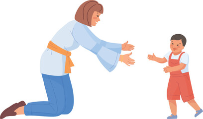 Baby go to mother. Young boy first steps