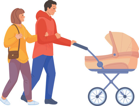 Happy couple with baby carriage. Young family walk