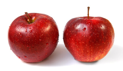 Red apple isolated on white background. Two fresh ripe apples with water drops.