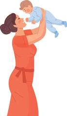 Cheerful mom with newborn. Woman playing with smiling baby