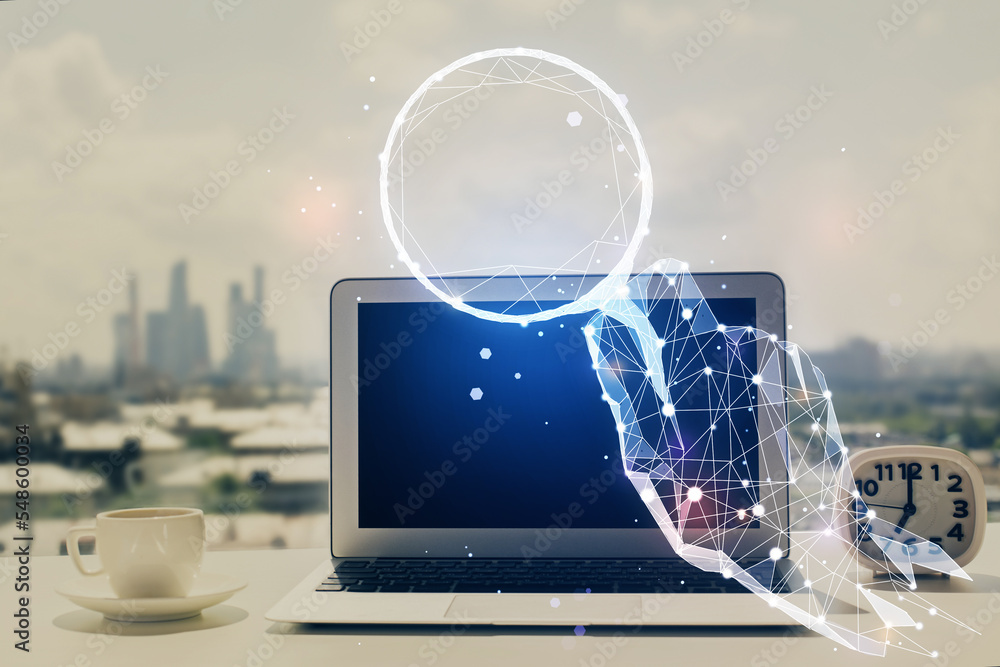 Poster Desktop computer background in office and start up theme hologram drawing. Double exposure. Startup concept.