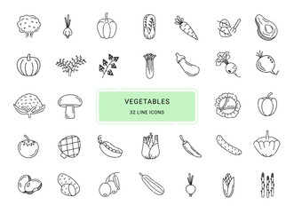 Vegetables, 32 line vector icons