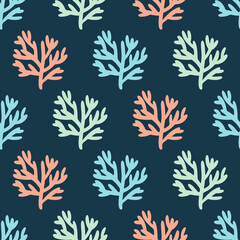 Coral on deep ocean seamless pattern vector illustration. Light blue, light green and light orange corals on dark blue surface design. Ocean flora endless texture vector 