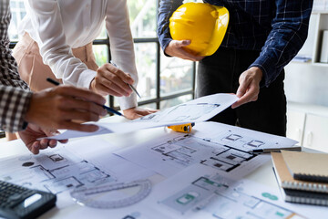 Architects, engineers, designers, working on concepts, planning, blueprints, brainstorming, coming up with new ideas and ideas. work planning Construction concept and design