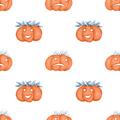 Seamless watercolor pattern - composition of cartoon halloween pumpkins. Orange pumpkins with carved scary smiling cute glowing faces. Vegetable pumpkin decoration or festive spooky happy face