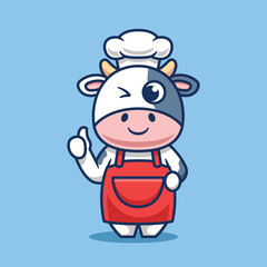 Cute cow chef with thumbs up cartoon vector illustration. Food animals and restaurant icons.