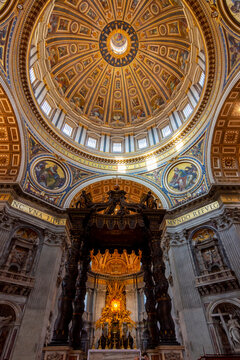 Vatican - October 2022: Baldachin over main altar with Saint Peter's tomb in St. Peter's basilica