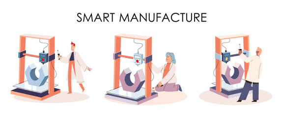 Manufacturing process industry. Scientist robot assembling products. Smart manufacture, automation development metaphor. Smart industry product design, automated production, robots and machinery 4.0