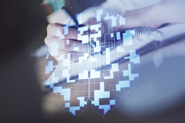 Obraz premium Double exposure of woman's hands on background with technology and digital coding icons. Data development concept. Close up.