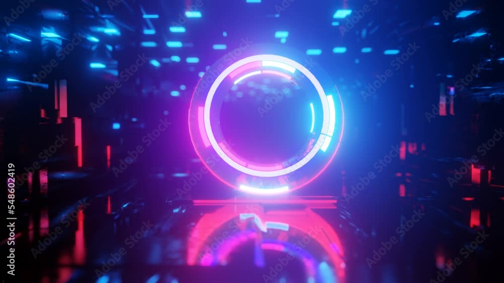 Poster torus. 3d object or structure rotates and moves inside glass mirror tunnel with neon light, bright r