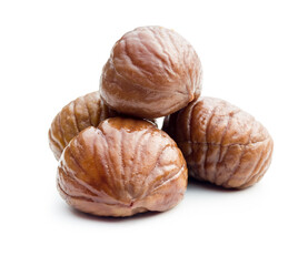 Peeled chestnuts. Sweet roasted chestnuts isolated on white background.