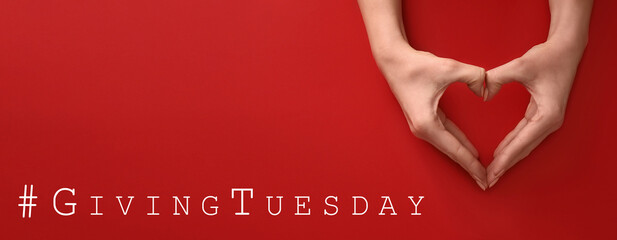 Banner with female hands making heart shape on red background. Giving Tuesday