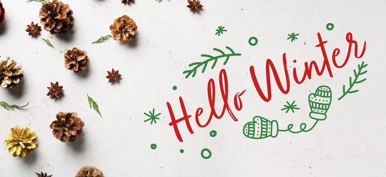 Banner with tasty coniferous cones and text HELLO WINTER on white background