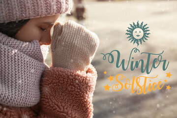 Young woman praying outdoors. Winter Solstice celebration