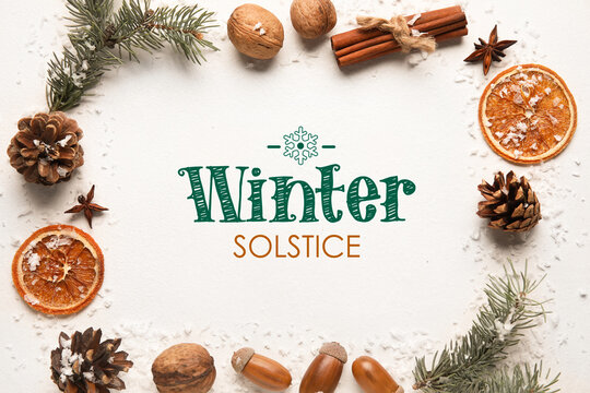 Beautiful greeting card for Winter Solstice celebration with natural decorations