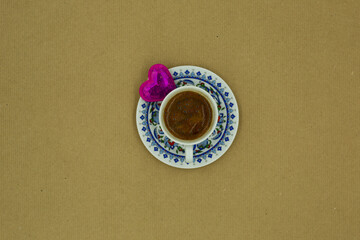 top shot turkish coffee cup. banner and restaurant menus. Traditional Turkish coffee presentation. isolated and text space available. Banner.