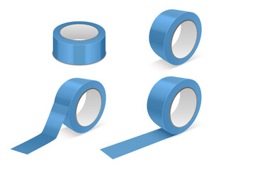Vector 3d Realistic Glossy Blue Tape Roll Icon Set, Mock-up Closeup Isolated on White Background. Design Template of Packaging Sticky Tape Roll or Adhesive Tape for Mockup. Front View