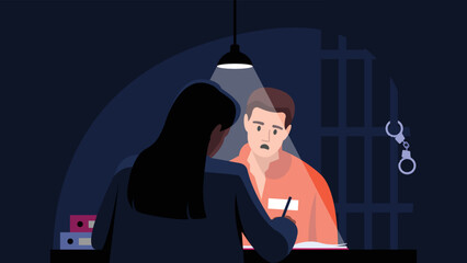 Vector illustration of prisoners. Cartoon scene with a prisoner who gives information to a police girl in an interrogation cell. - obrazy, fototapety, plakaty