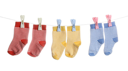 Stylish baby socks hanging on clothesline against white background