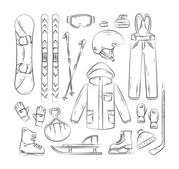 Winter sport equipment. Vector hand drawn icons set with snowboard, ski, gloves, helmet, sled, jacket. Illustration of winter sporting accessories. Mountain skiing and skating activity on holidays